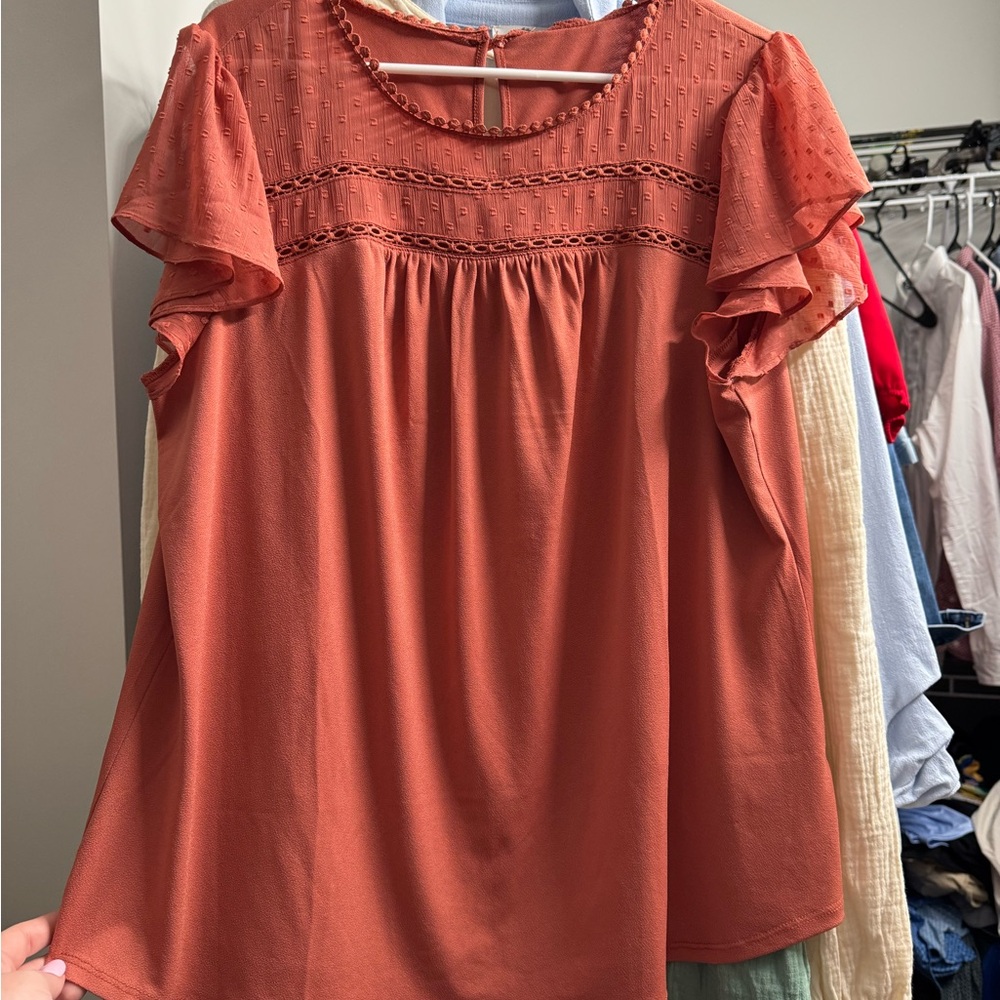 Adrianna Papell Orange Flutter Sleeve Blouse with Bib Collar